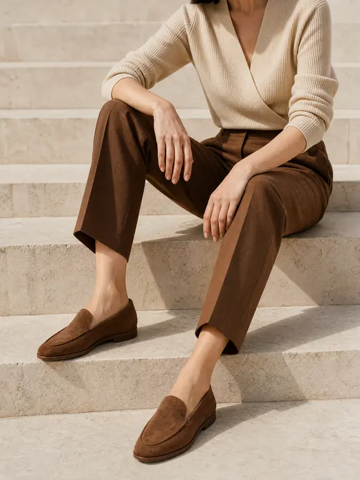 Mocasines de ante marrón y pantalón tabaco