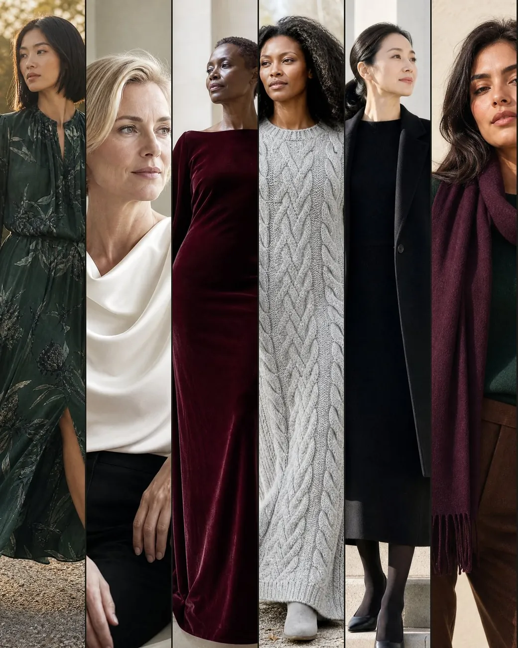 Seis mujeres en seis prendas: seda estampada, satén marfil, terciopelo burdeos, punto trenzado, lana negra y cachemira con bufanda ciruela