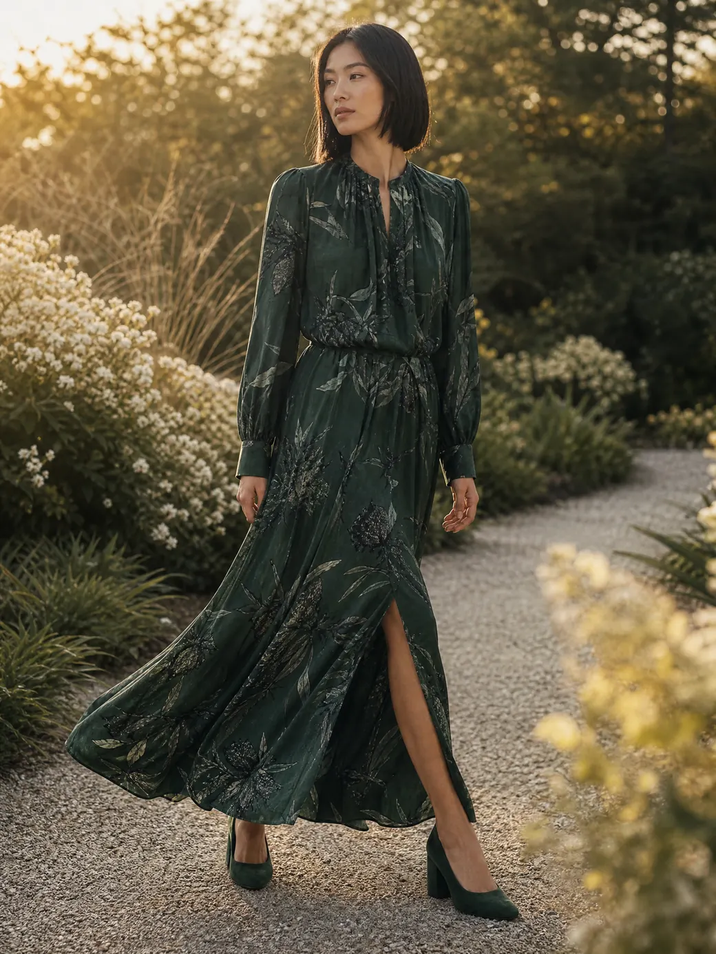 Vestido largo de seda estampada verde en un jardín a contraluz