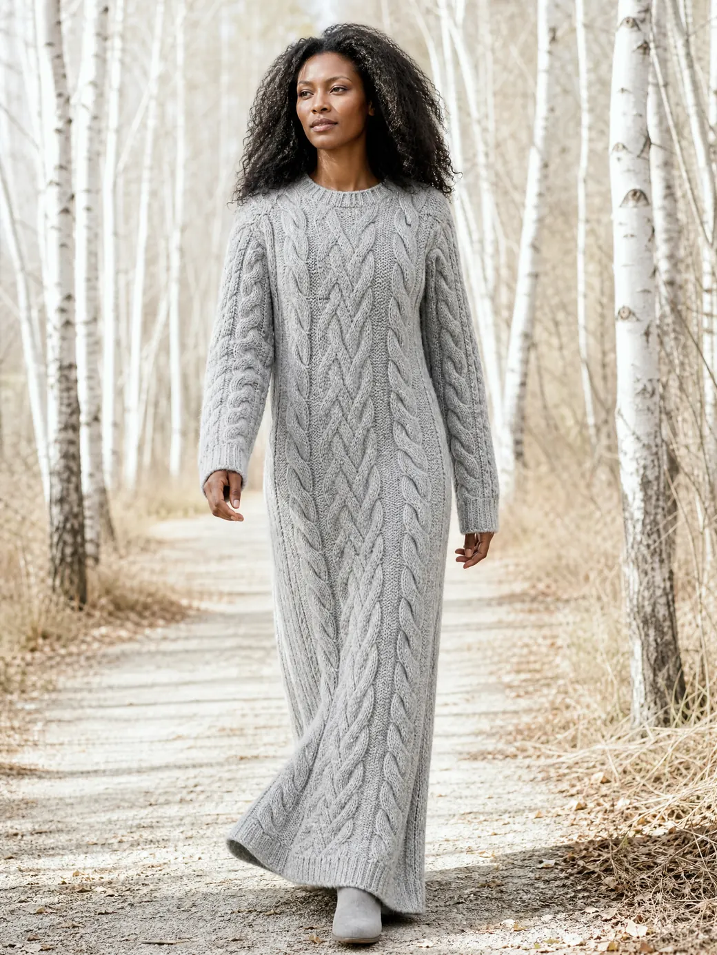 Vestido largo de punto trenzado gris entre abedules