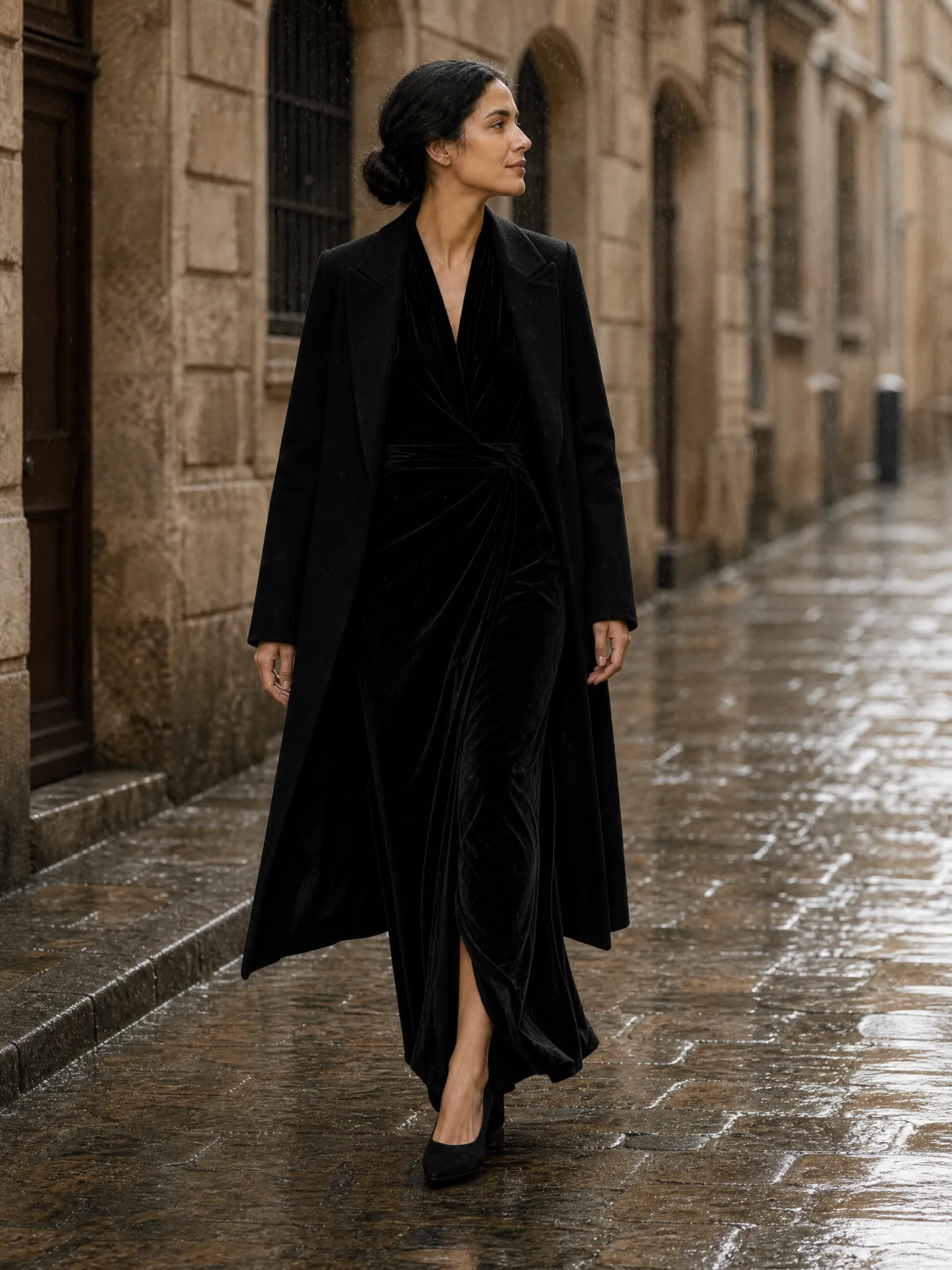 Illustration: a model in a long black coat over a dark dress, on a wet stone street