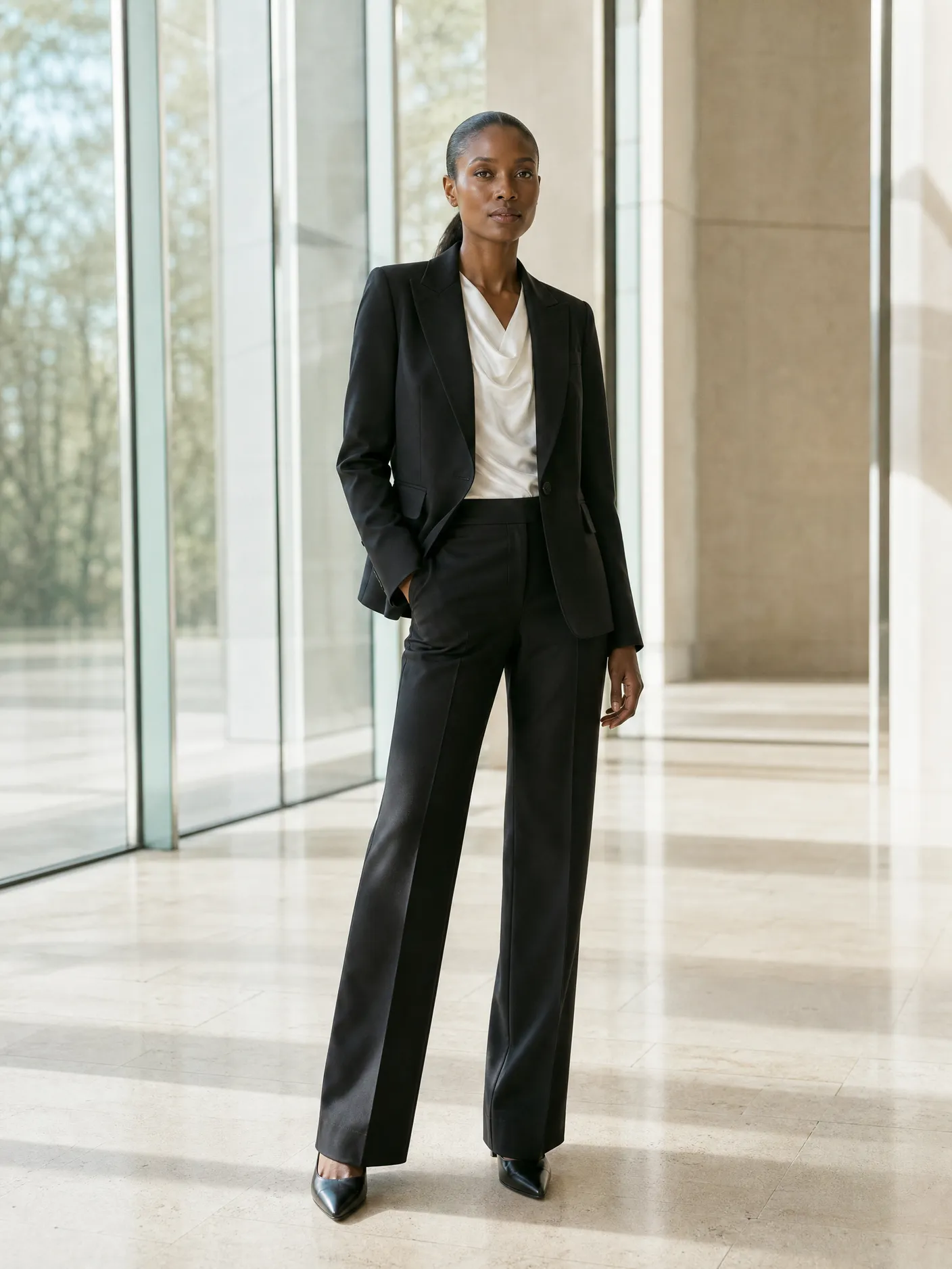 Illustration: a model in a complete black suit over an ivory satin top, in a glass lobby