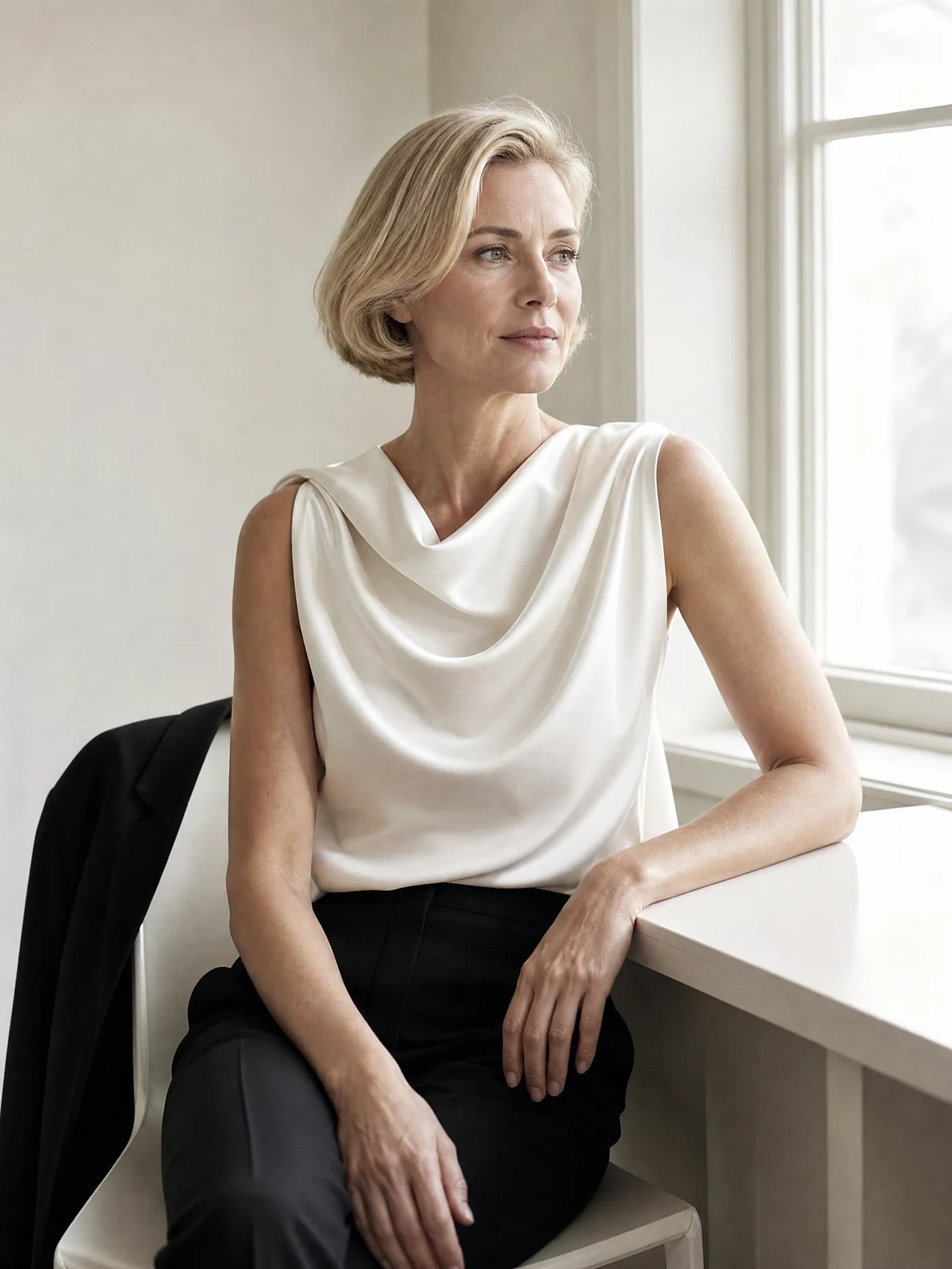 Illustration: an ivory satin cowl-neck top with a black blazer draped over a chair