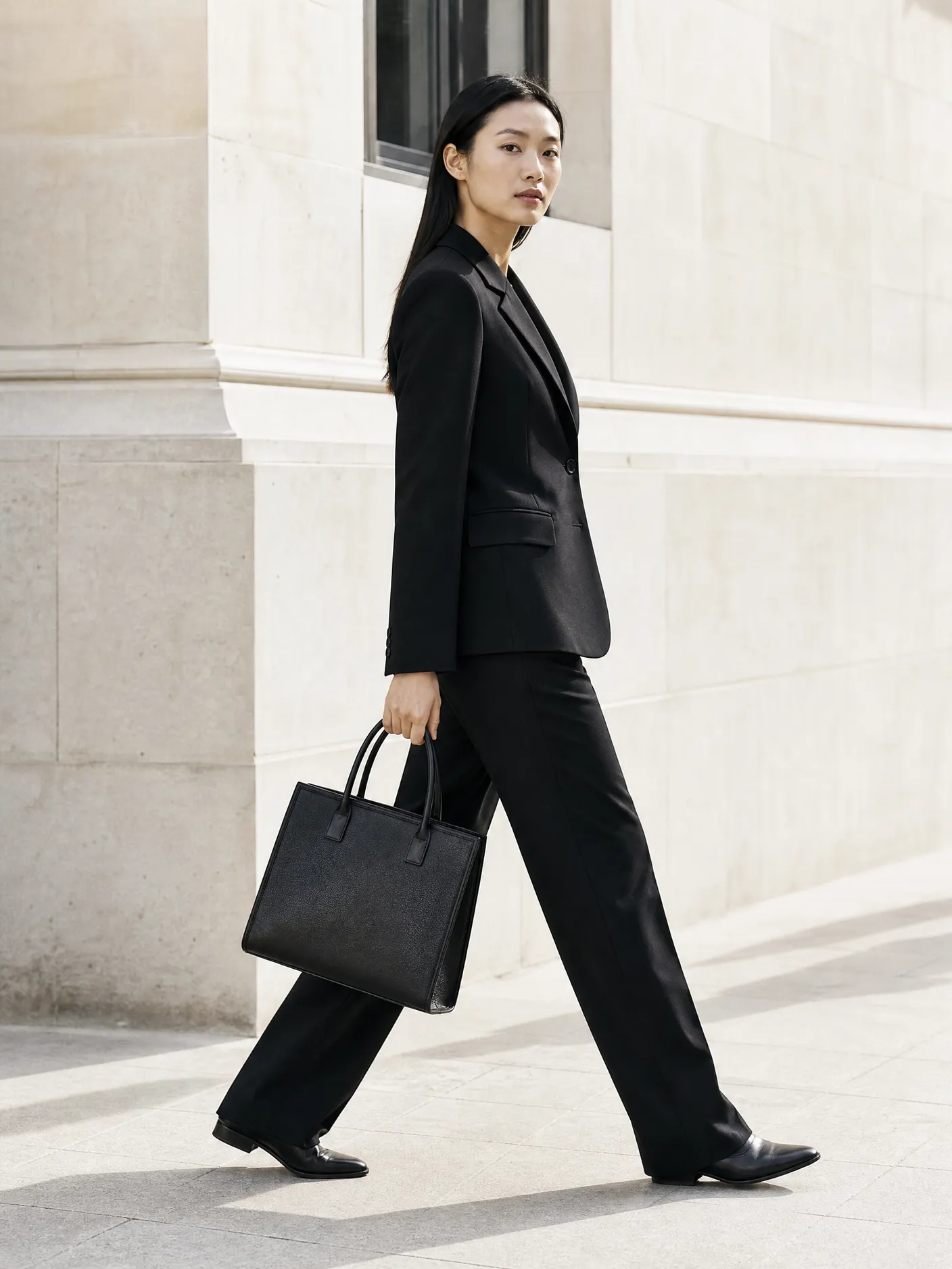 Illustration: a model in a black suit carrying a structured black leather tote on a pavement