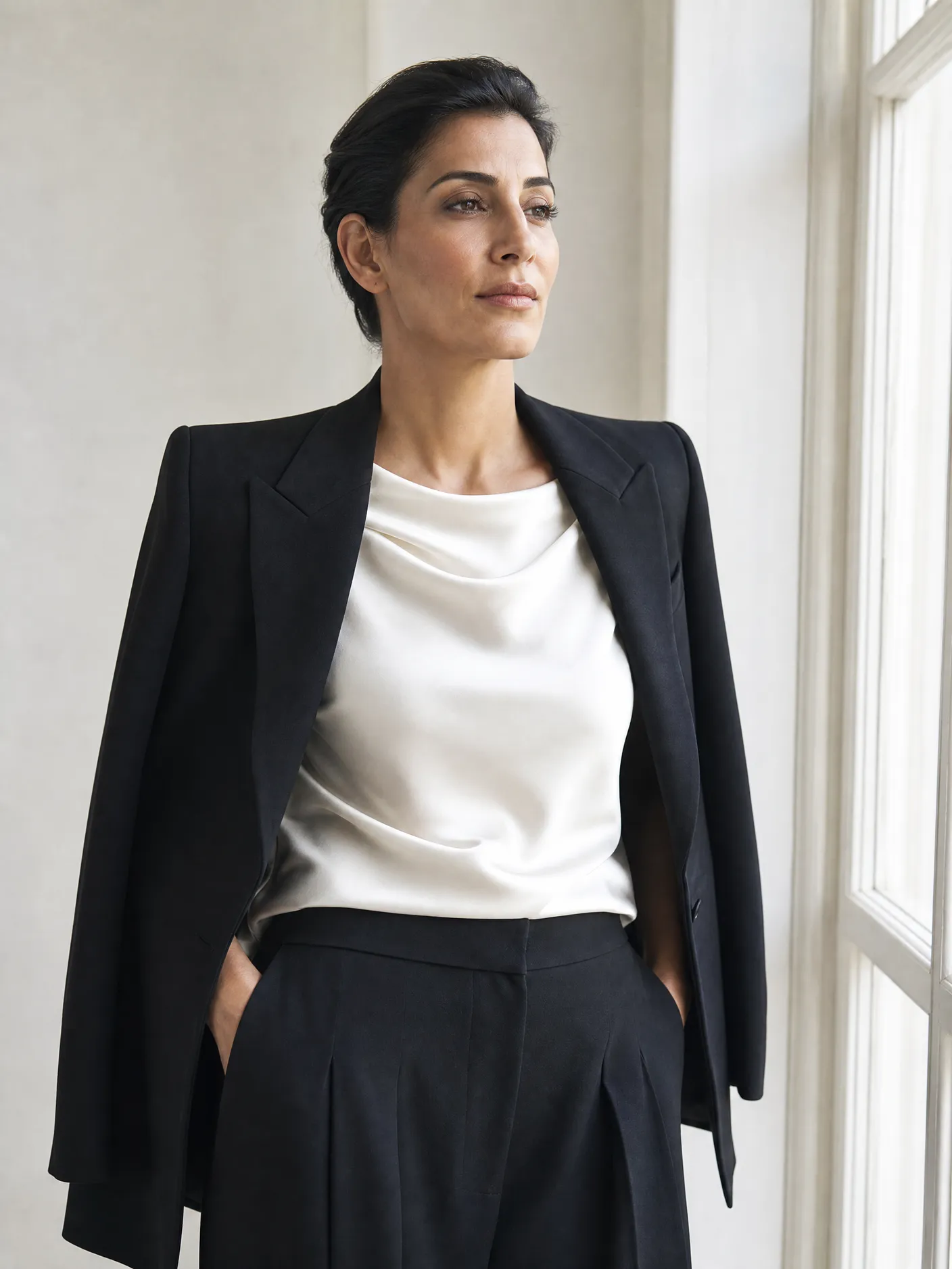 Illustration: a model in a structured black blazer over an ivory satin top, by a window
