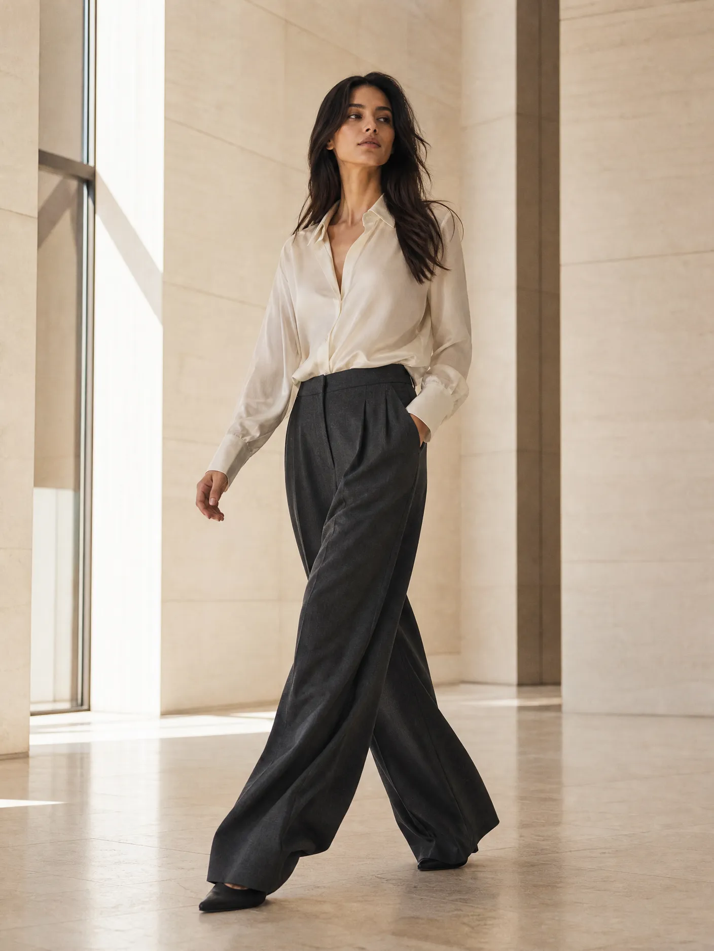 Illustration: a model in a cream shirt and wide charcoal trousers, in a stone lobby