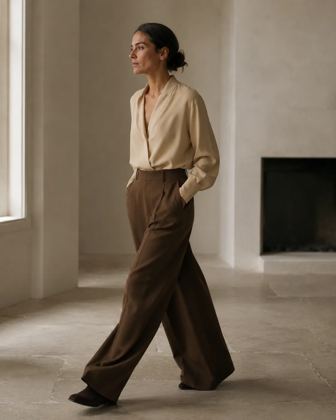 Illustration: a model in high-waisted tobacco wide-leg trousers and a cream blouse